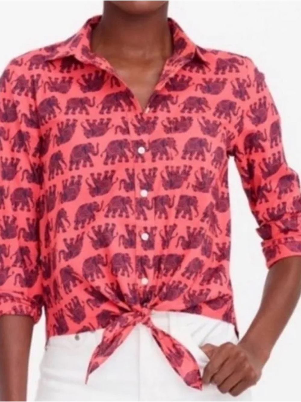 J. Crew | Cotton Elephant Print Long Sleeve Button Down Blouse Tie Front Size M